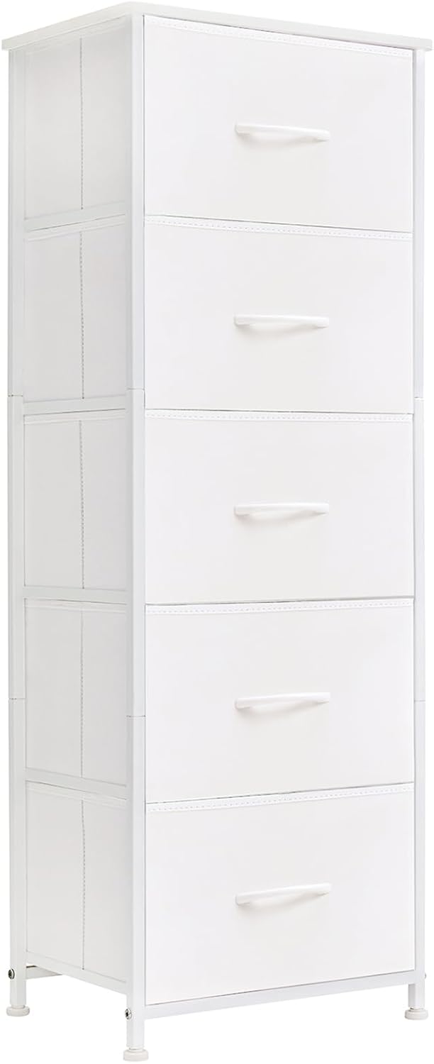 Tall Dresser for Bedroom with 5 Drawers, Storage Organizer Chest of Drawers with Removable Fabric Bins for Closet Bedside Nursery Laundry Living Room Entryway Hallway, White Leather