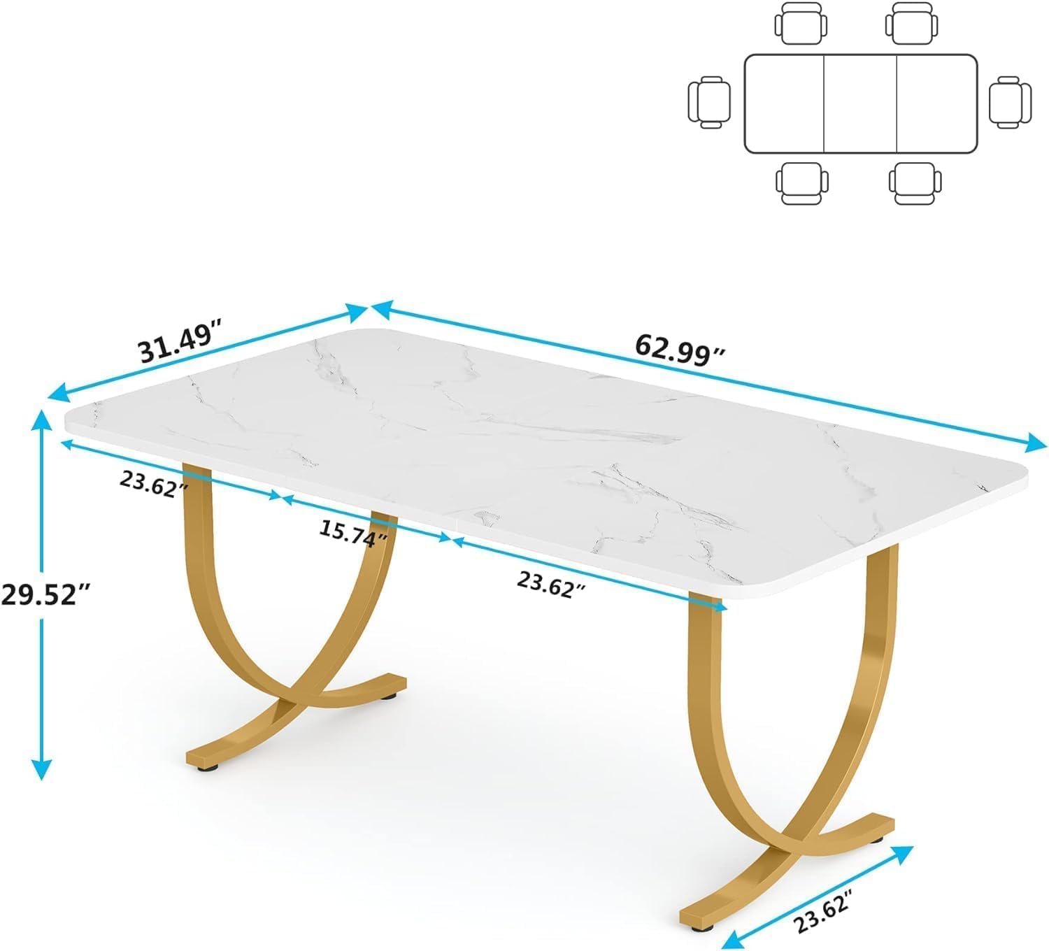 Rectangular Dining Table for 4 to 6, 63-Inch White and Gold Modern Kitchen Table with Faux Marble Table Top and Metal Legs for Dining Room, Kitchen or Living Room - Image 2
