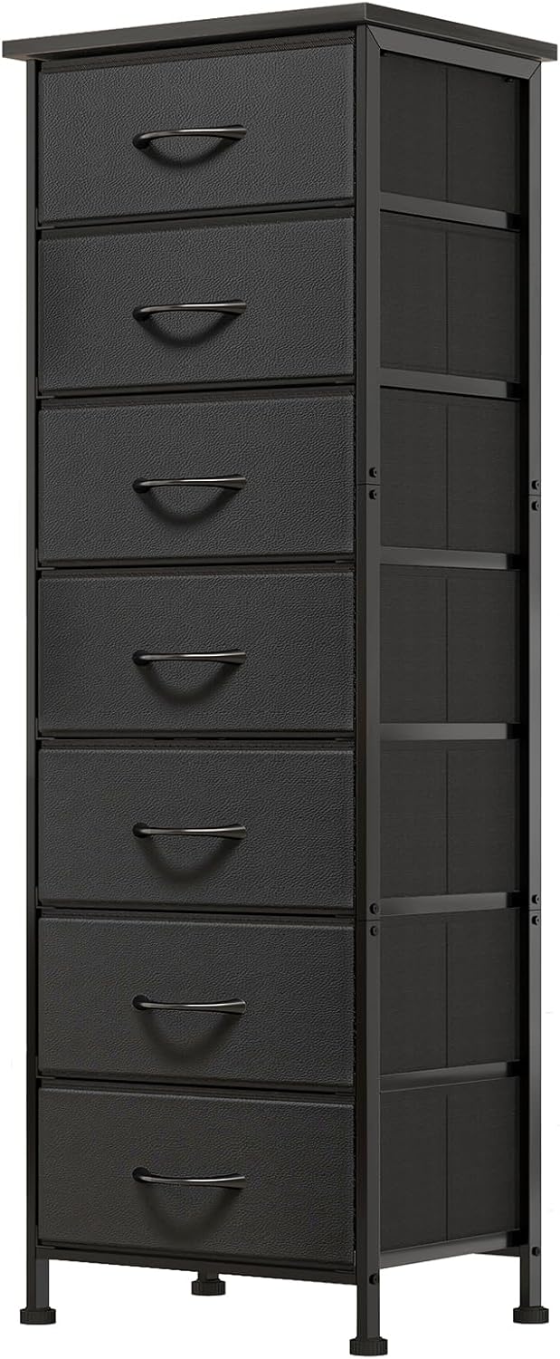Black Tall Dresser for Bedroom, Storage Dresser Organizer with 7 Fabric Drawers, Nightstand Furniture in Closet, Entryway, Hallway
