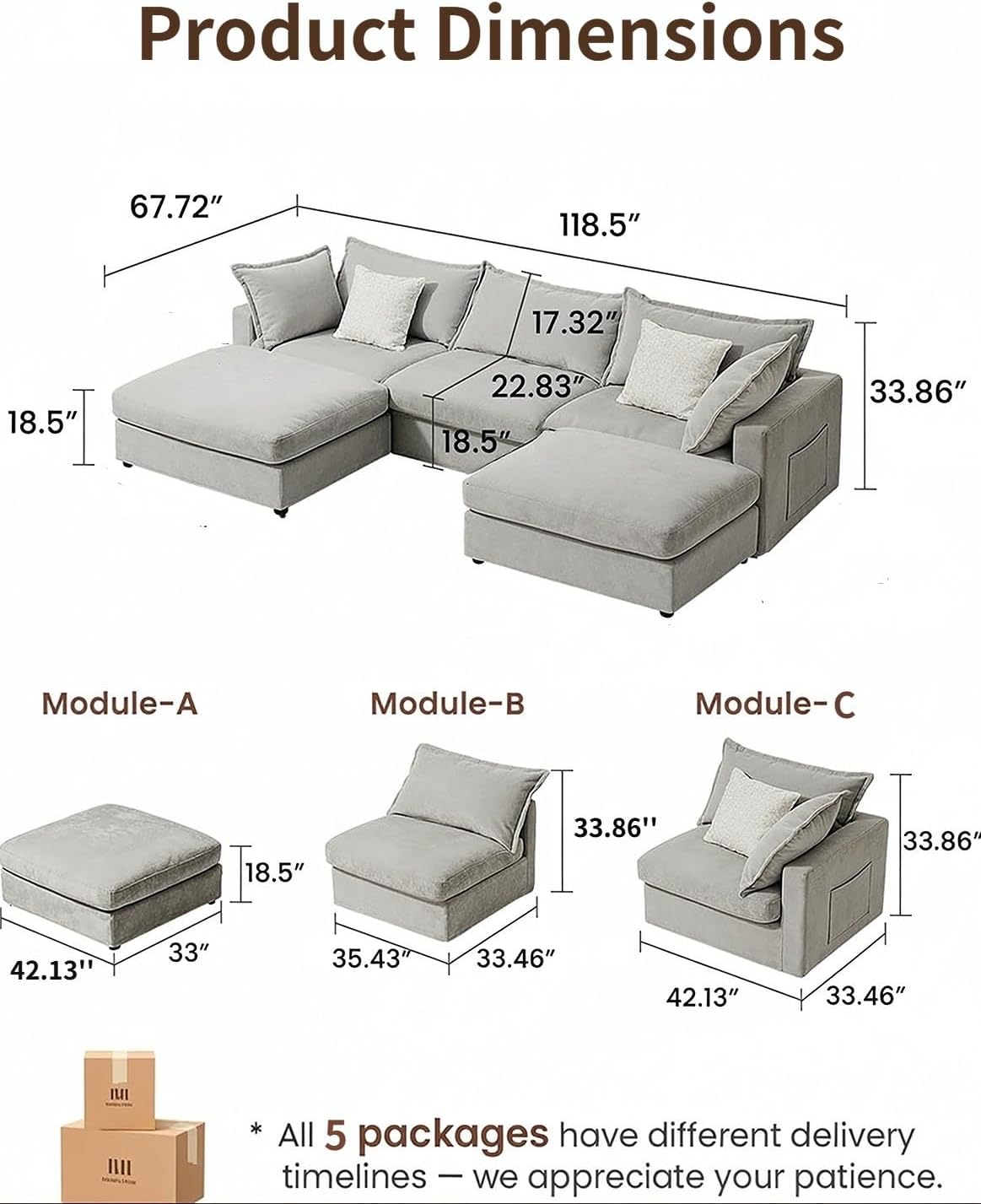 118.5" U Shaped Down Filled Couch, Chenille Modular Sectional Sofa with 2 Storage Ottoman, 3 Seater Sectional Couch with Deep Seat, Mordern Sectional Couches for Living Room, Light Grey - Image 2