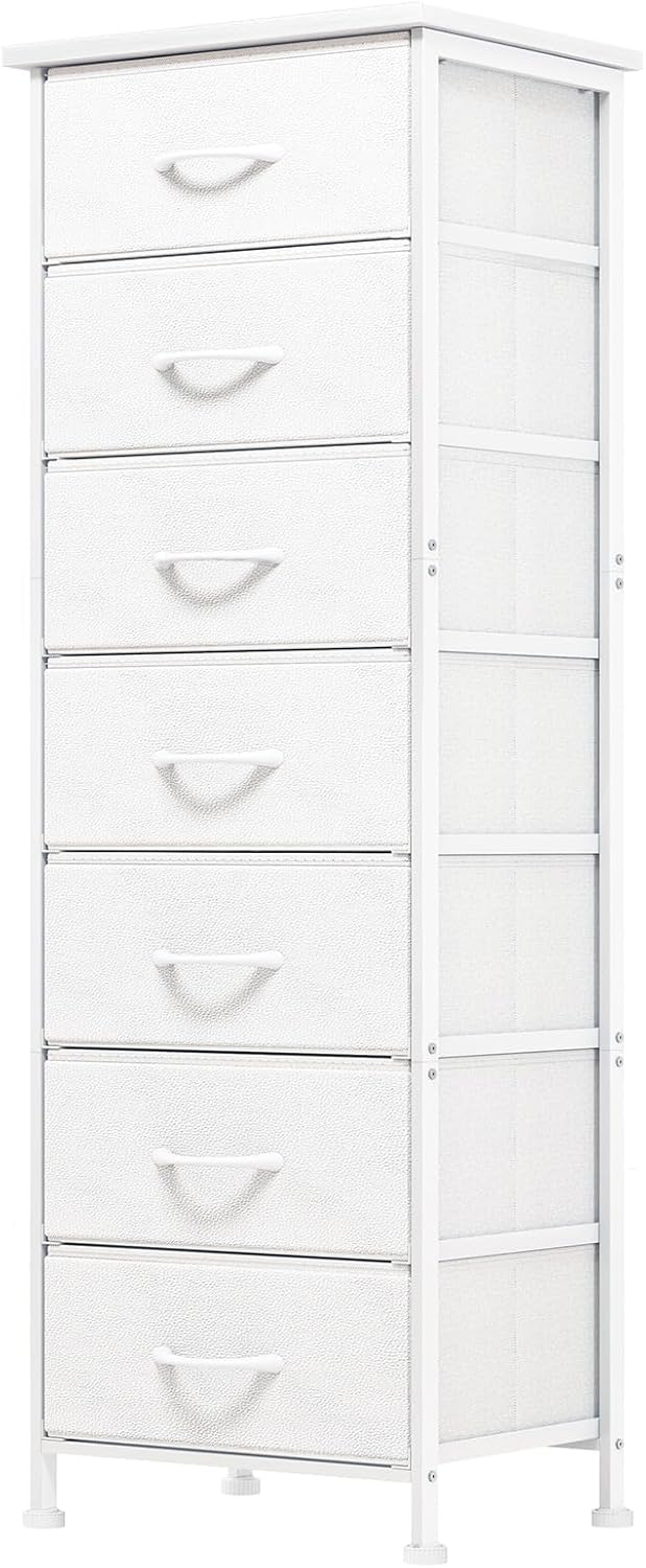 White Tall Dresser for Bedroom, Storage Dresser Organizer with 7 Fabric Drawers, Nightstand Furniture in Closet, Entryway, Hallway
