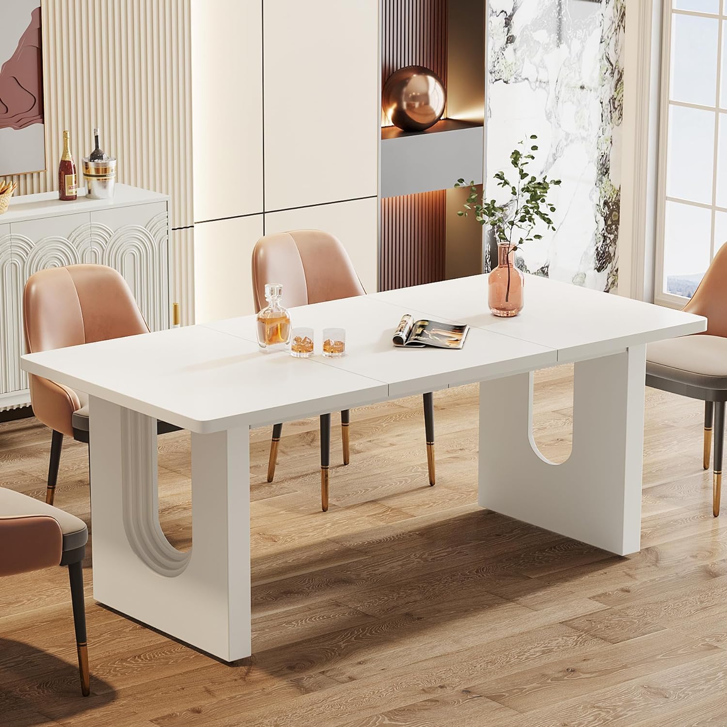 Modern Dining Table for 6 to 8 People, 71" Large Kitchen Dining Table with Wood Pedestal Base, Rectangular Long Dinner Table for Kitchen, Dining Room, Living Room, White