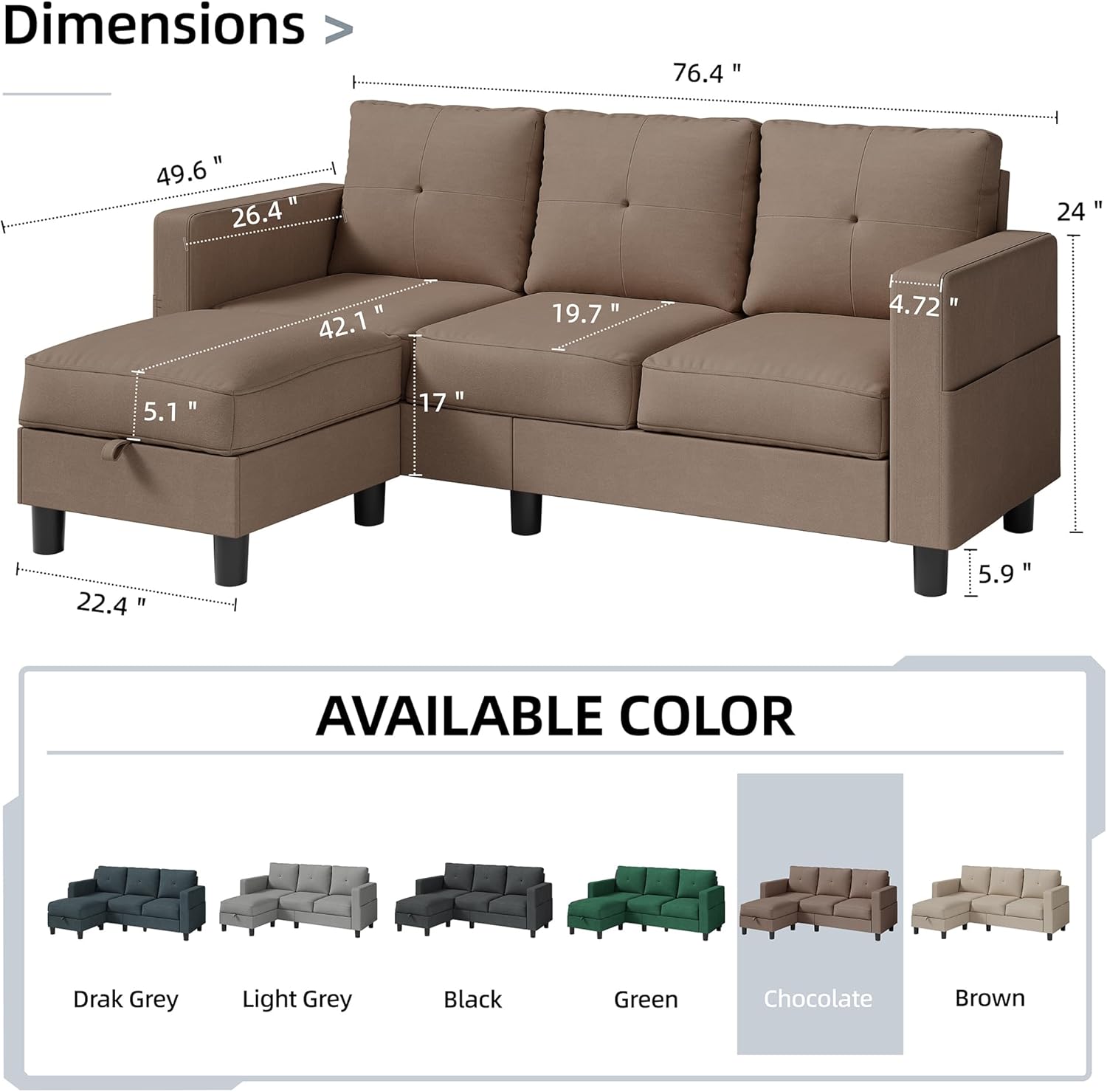 76" Modern Upholstered Sectional Sofa, L-Shaped Couch with Storage Ottoman and Reversible Chaise for Living Room, Brown Linen Fabric - Image 2