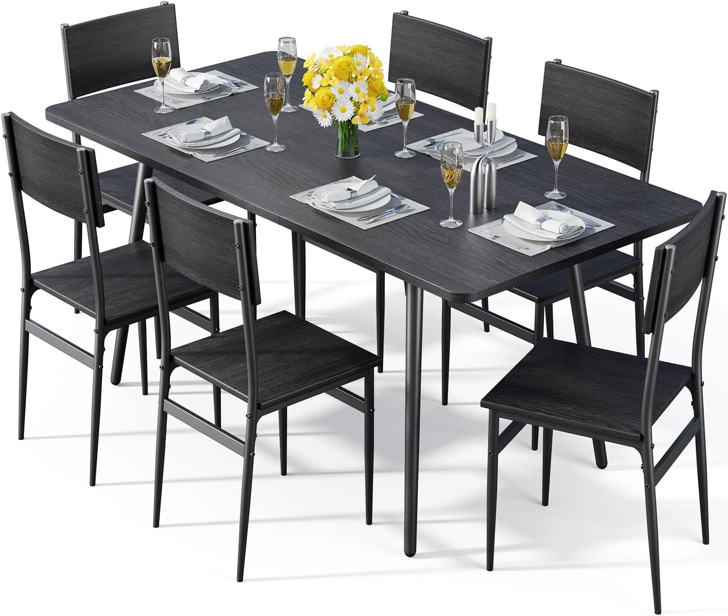 7-Piece Dining Table for 4-6, 63” Large Extendable Kitchen Table Set with 6 Chairs, Dining Table Set for Kitchen, Dining Room and Restaurant, Black