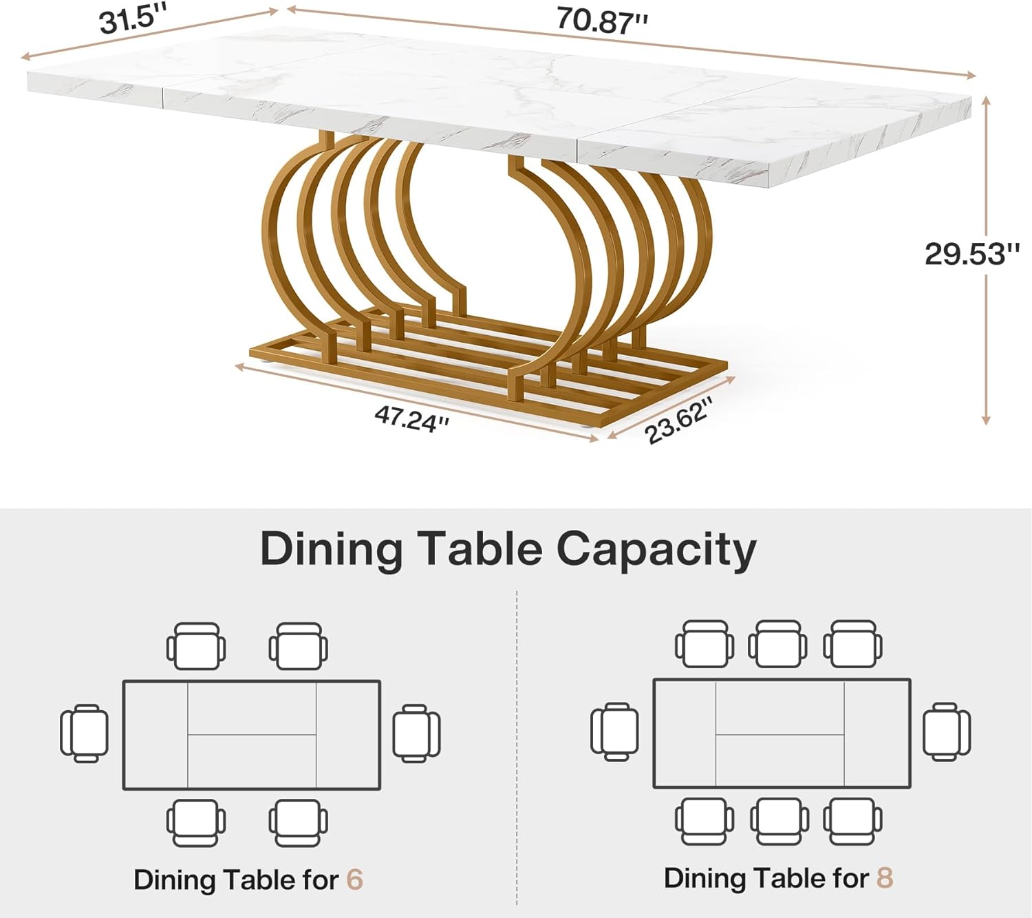 70.9" Dining Table for 6, Modern White Dining Room Table with Faux Marble Tabletop, Wood Kitchen Table Dinner Table with Geometric Frame, Kitchen, Dining Room, White Gold - Image 2