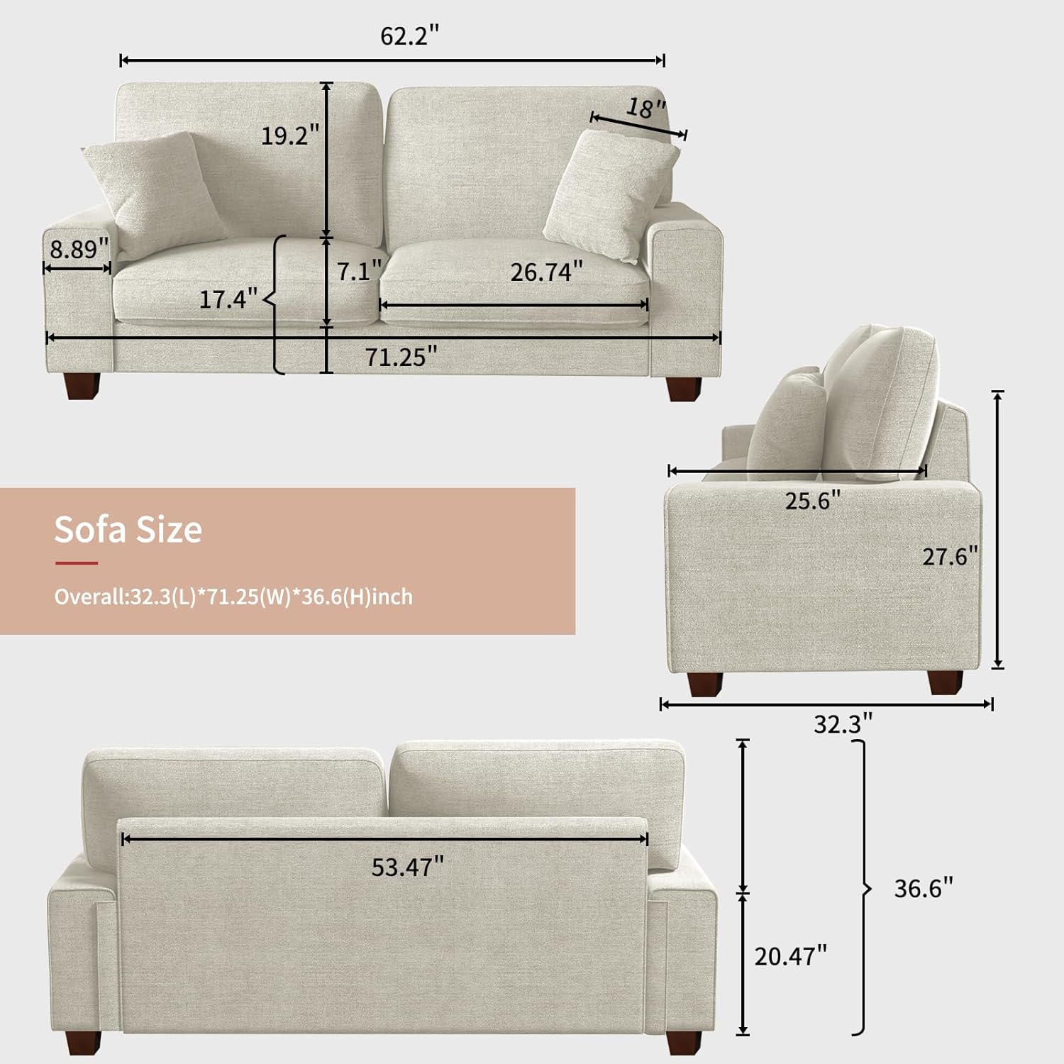 Modern Loveseat Sofa for Living Room,Chenille Recliner, Removable Cover, Spring Cushions, Solid Wood Frame, Easy Assembly for Small Spaces (71.25inch,Beige) - Image 2