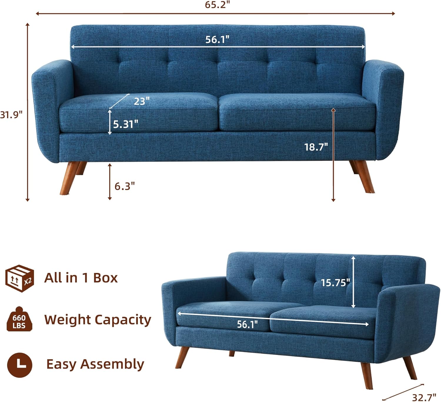 65" W Loveseat Sofa, Mid Century Modern Decor Love Seat Sofas and Couches for Living Room, Button Tufted Upholstered Small Couch for Bedroom, Solid and Easy to Install Love Seats Furniture, Blue - Image 2