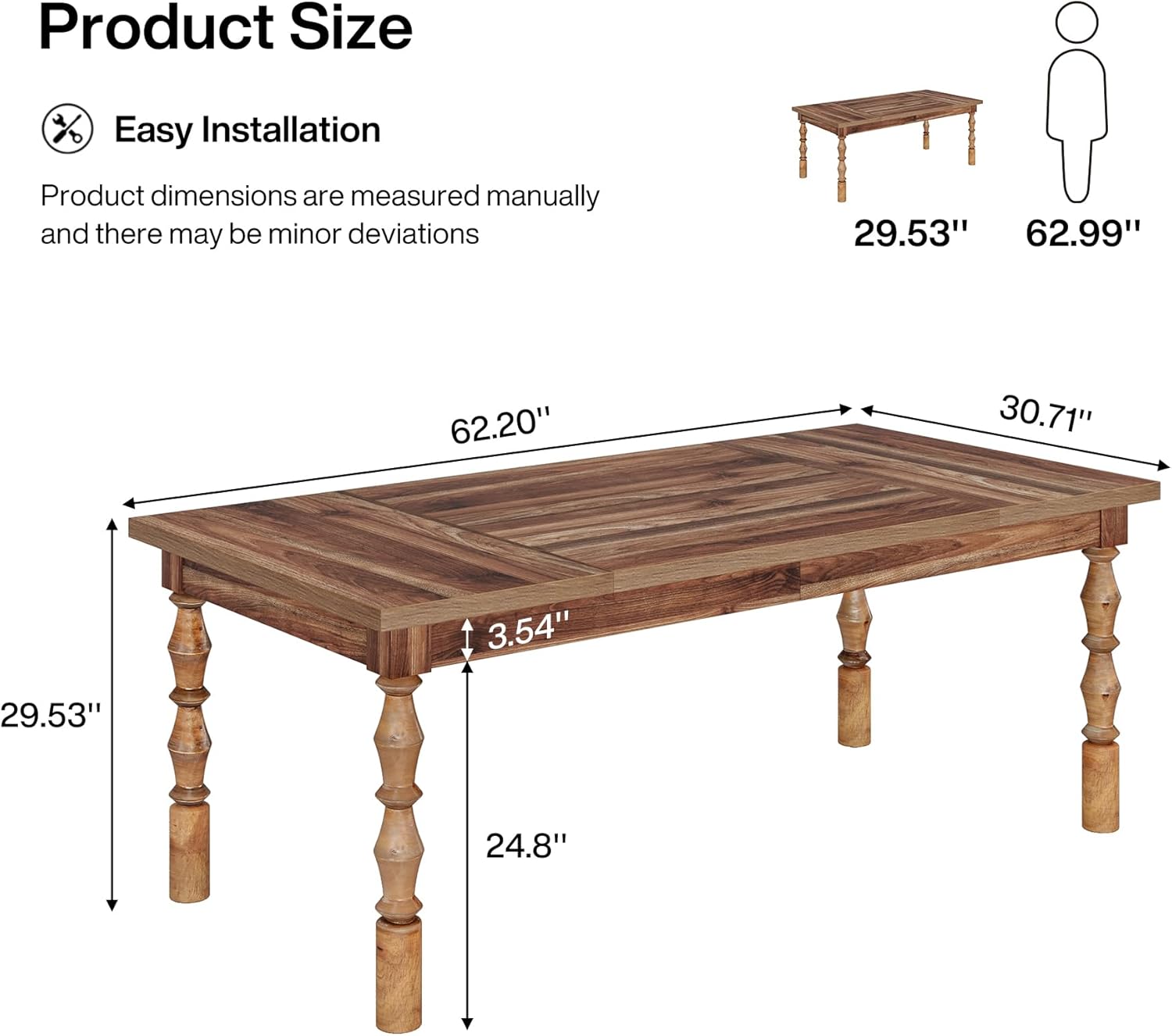 62” Wood Dining Table for 4-6 People, Farmhouse Large Rectangle Kitchen Table, Dinner Table Kitchen & Dining Room Furniture with Carved Turned Legs - Image 2