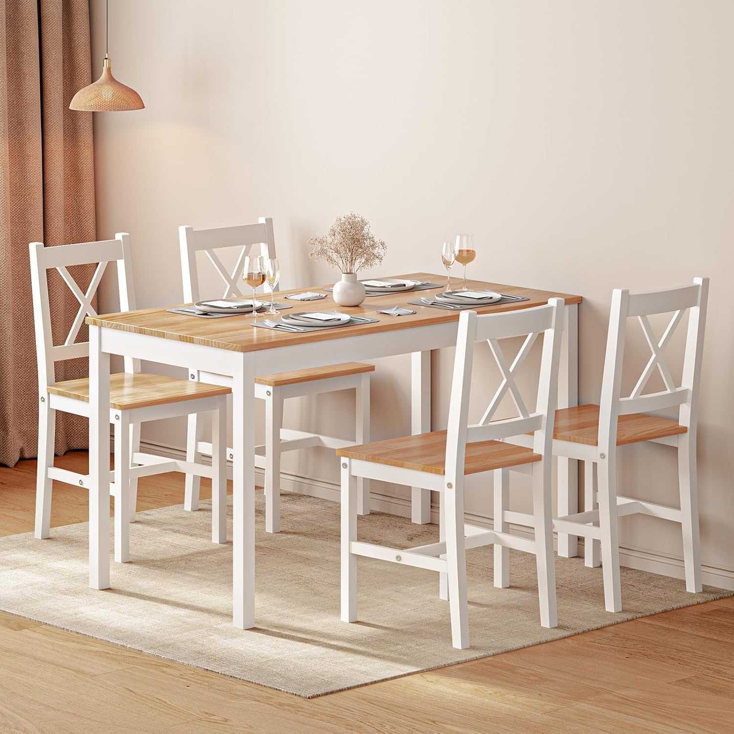 Dining Table Set for 4, 5-Piece Wood Kitchen Dining Table Set with 4 Chairs for Kitchen Dining Room Restaurant Small Space, White&Oak