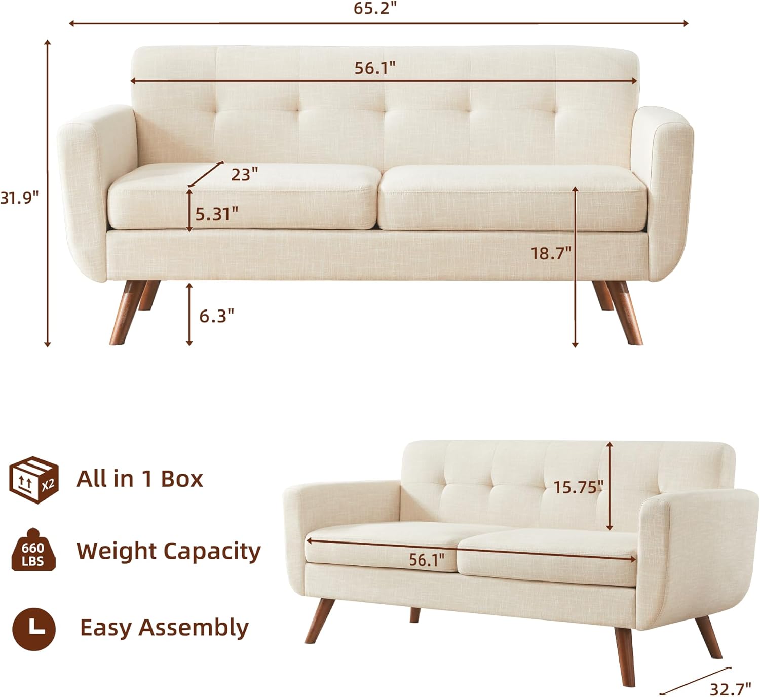 65" W Loveseat Sofa, Mid Century Modern Decor Love Seat Couches for Living Room, Button Tufted Upholstered Small Couch for Bedroom, Solid and Easy to Install Love Seats Furniture, Beige - Image 2