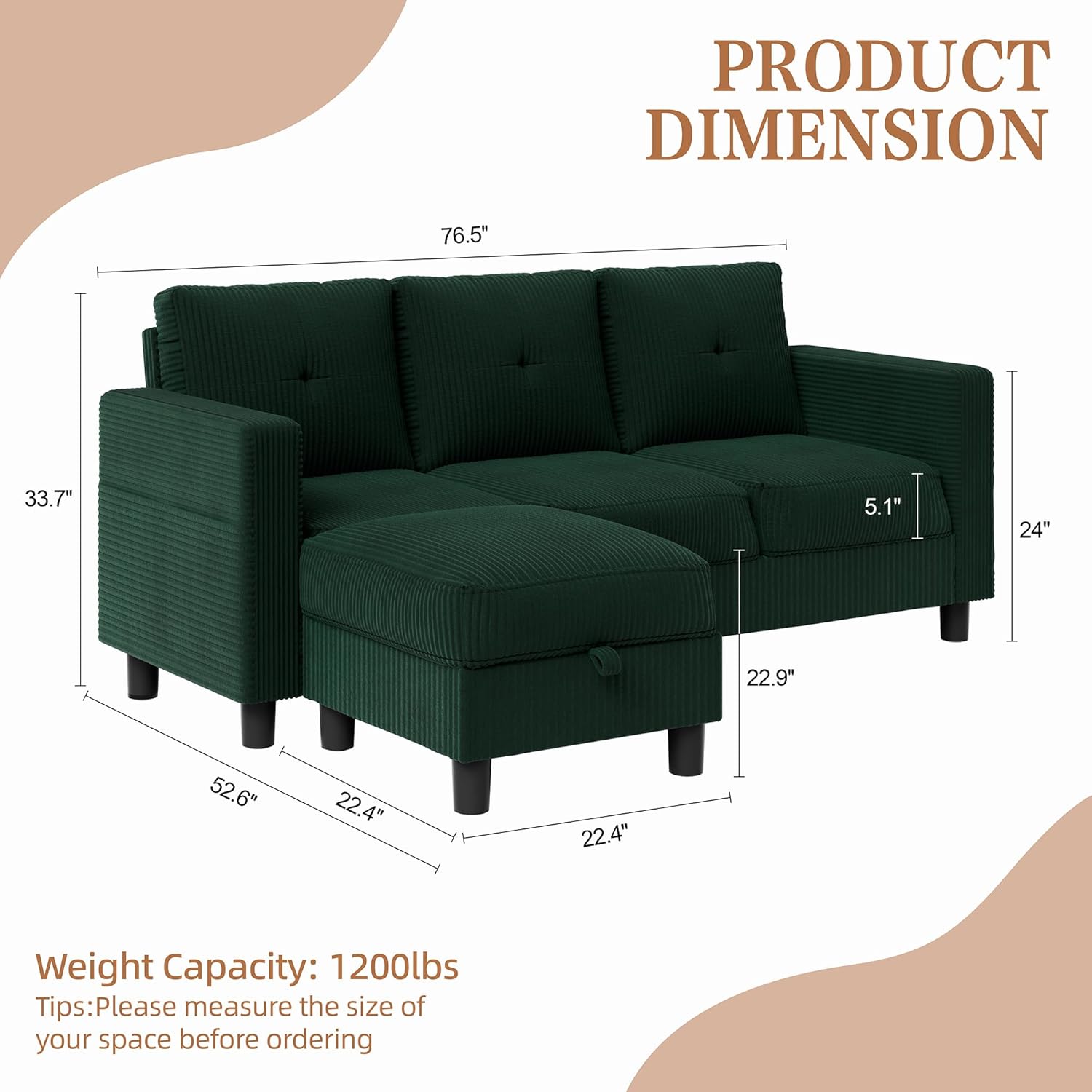 76" Modern Upholstered Sectional Sofa, L-Shaped Couch with Storage Ottoman and Reversible Chaise for Living Room, Green Linen Fabric - Image 2