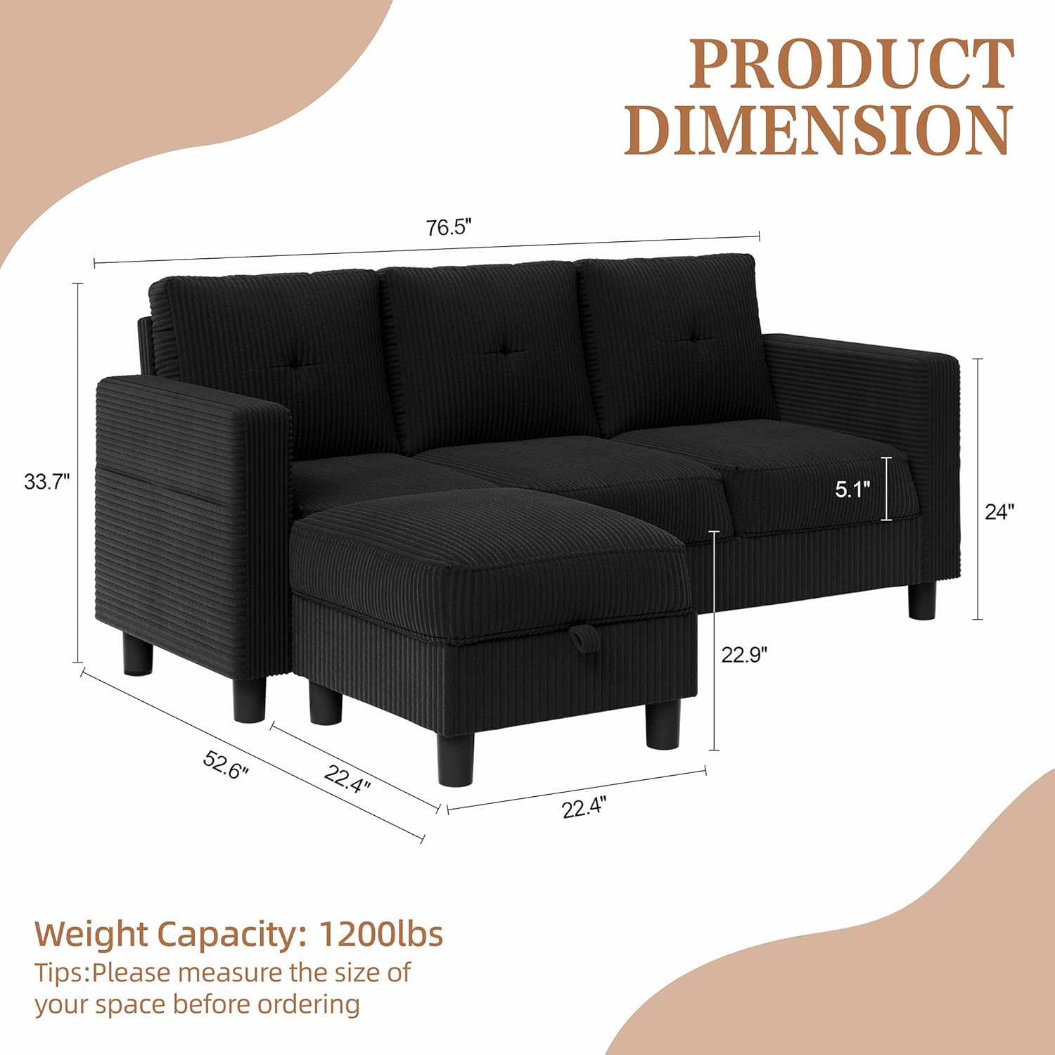76" Modern Upholstered Sectional Sofa, L-Shaped Couch with Storage Ottoman and Reversible Chaise for Living Room, Black Corduroy Fabric - Image 2
