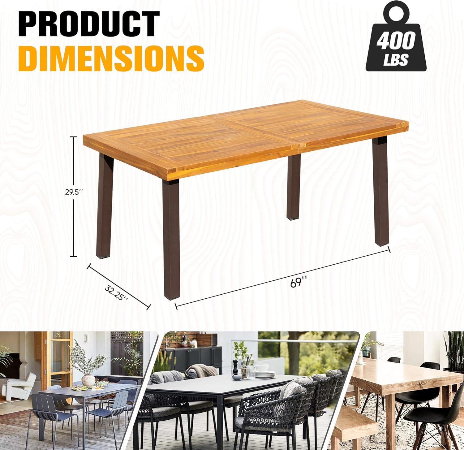 Dining Table for 6 Acacia Wood Indoor Outdoor Home Kitchen Table with Iron Legs Large Rectangular Patio Table for Deck, Sunroom - Image 2