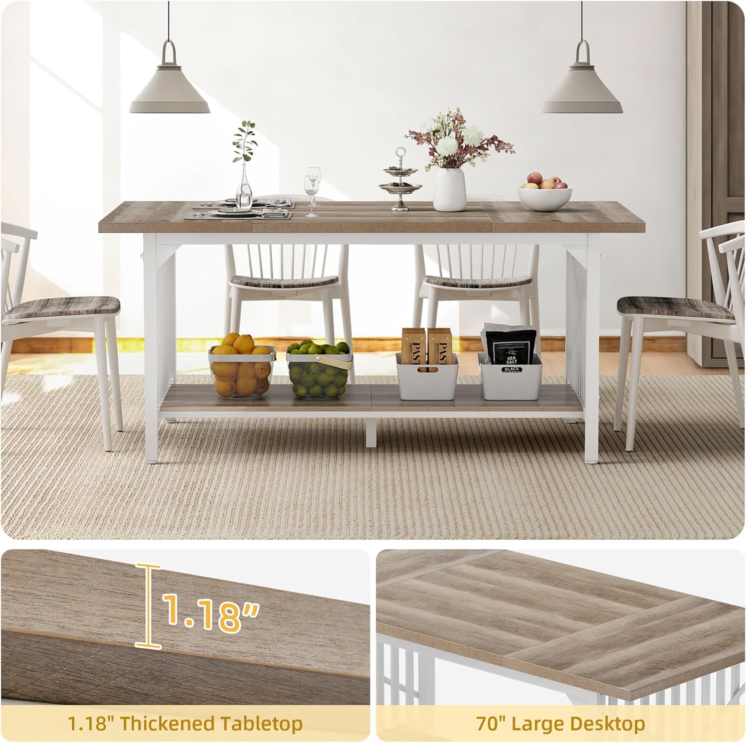 70.8" Large Kitchen Dining Table for 6-8 People, Farmhouse Industrial Kitchen Table with Storage, Rectangle Apartment Rustic Dinning Room Dinette Tables for Eating Dinner - Image 2