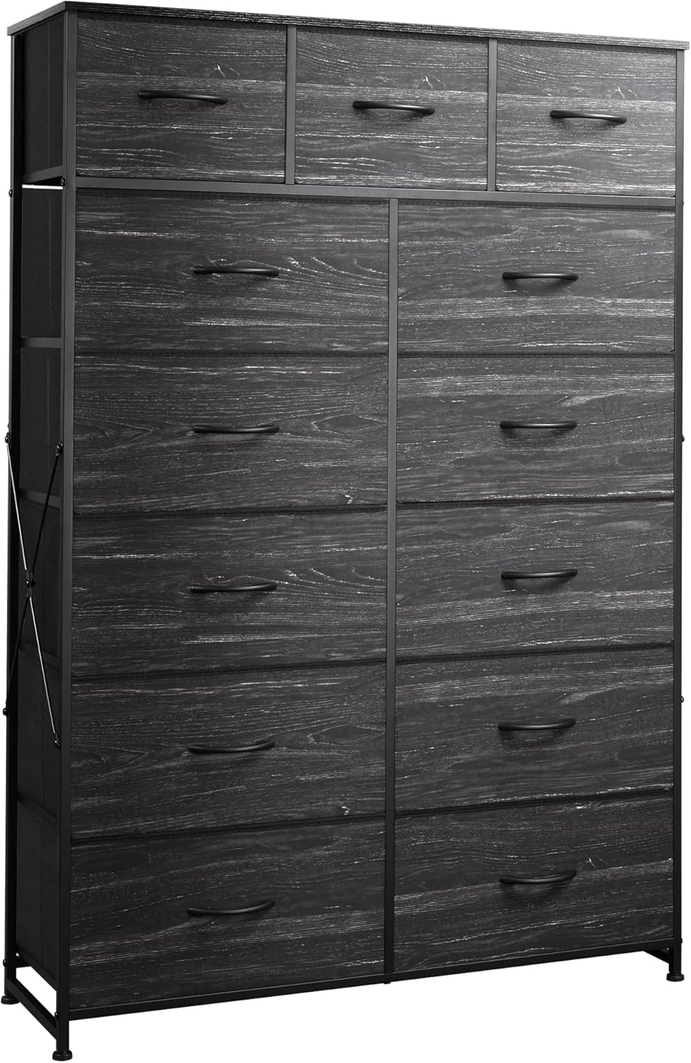 Tall Dresser for Bedroom with 13 Drawers, Storage Dresser Organizer Unit, Fabric Dresser for Bedroom, Closet, Chest of Drawers, Steel Frame, Wood Top, Charcoal Black Wood Grain Print