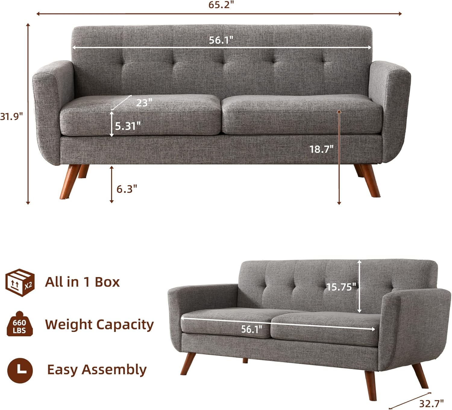 65" W Loveseat Sofa, Mid Century Modern Love Seat Couches for Living Room, Button Tufted Upholstered Small Couch for Bedroom, Solid and Easy to Install Love Seats Furniture, Grey - Image 2