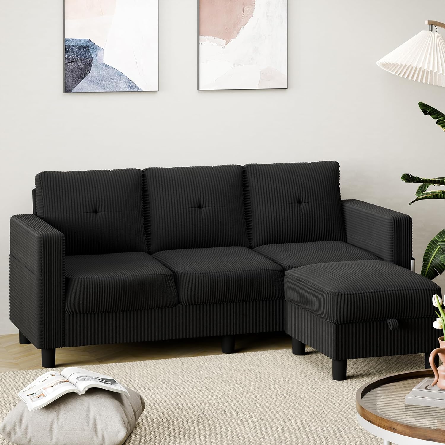 76" Modern Upholstered Sectional Sofa, L-Shaped Couch with Storage Ottoman and Reversible Chaise for Living Room, Black Corduroy Fabric