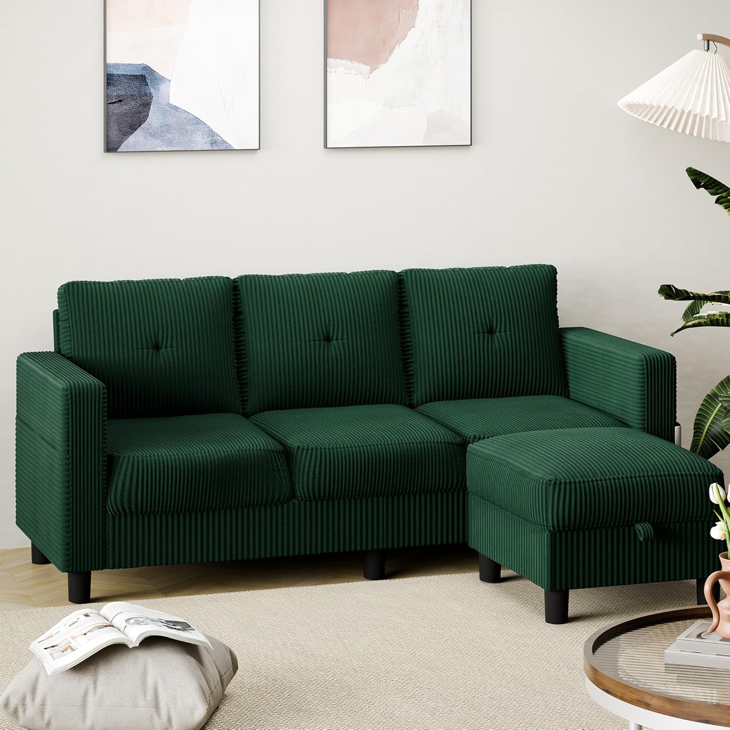 76" Modern Upholstered Sectional Sofa, L-Shaped Couch with Storage Ottoman and Reversible Chaise for Living Room, Green Linen Fabric