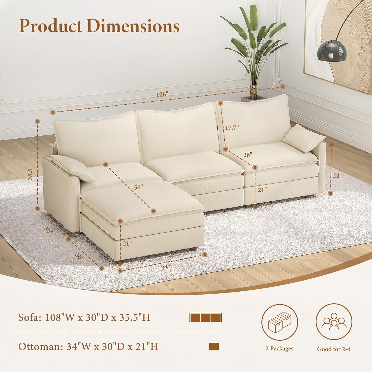 108" Modular Sectional Sofa, Comfy Cloud Couch with Movable Ottoman Deep Seat Chenille L Shaped Modular Sofa, Sectional Couches for Living Room, Bedroom and Apartment, Beige - Image 2