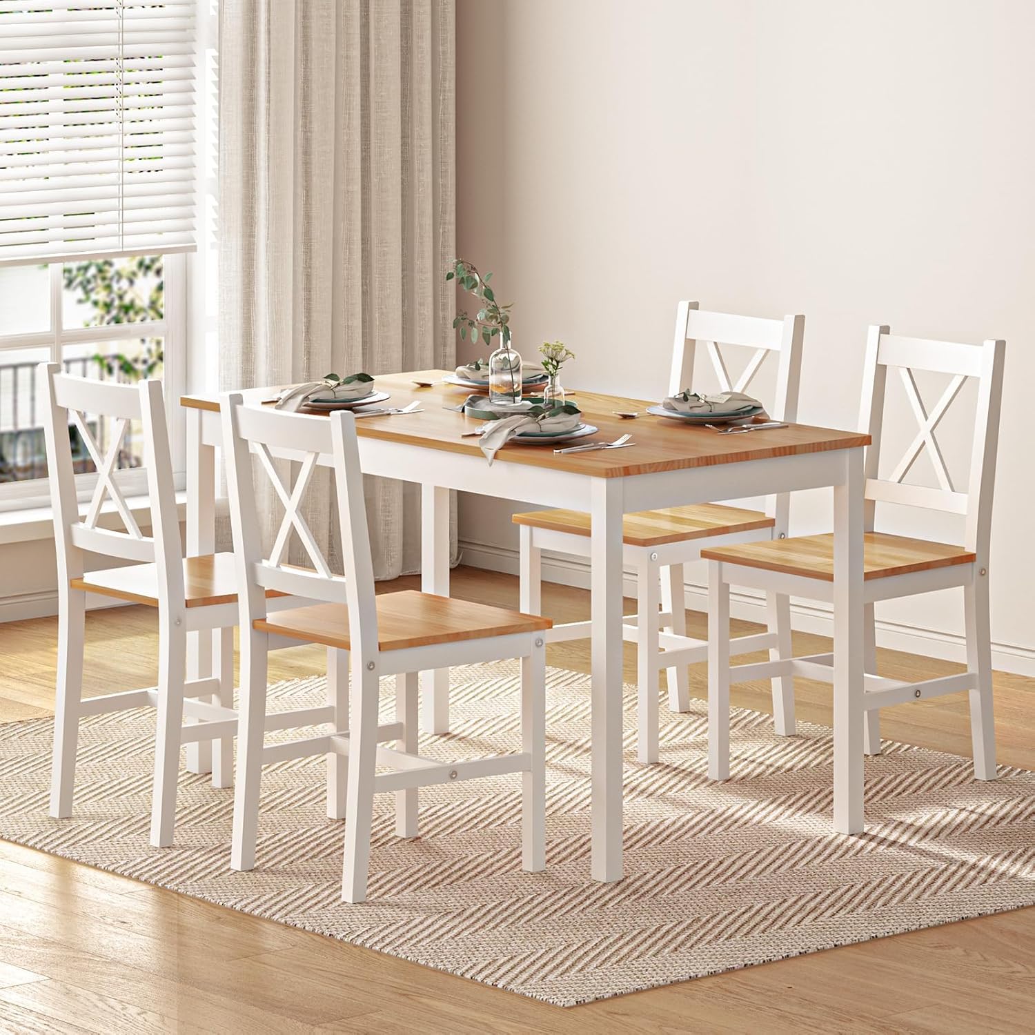 Dining Table Set for 4, 5-Piece Wood Kitchen Dining Table Set with 4 Chairs for Kitchen Dining Room Restaurant Small Space, White&Oak - Image 2