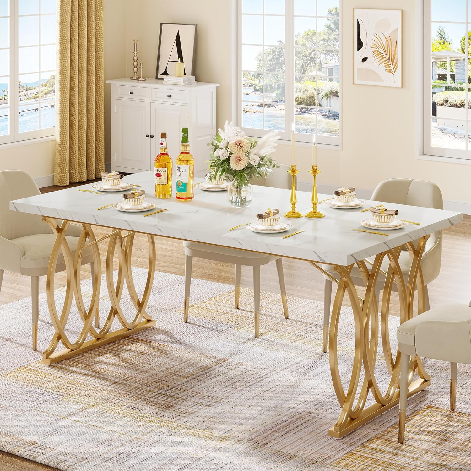 Modern Dining Table for 4-6 People, 63" Large Rectangular Kitchen Table with Faux Marble Tabletop and Gold Geometric Legs, Unique Dinner Table Kitchen & Dining Room Furniture, White & Gold