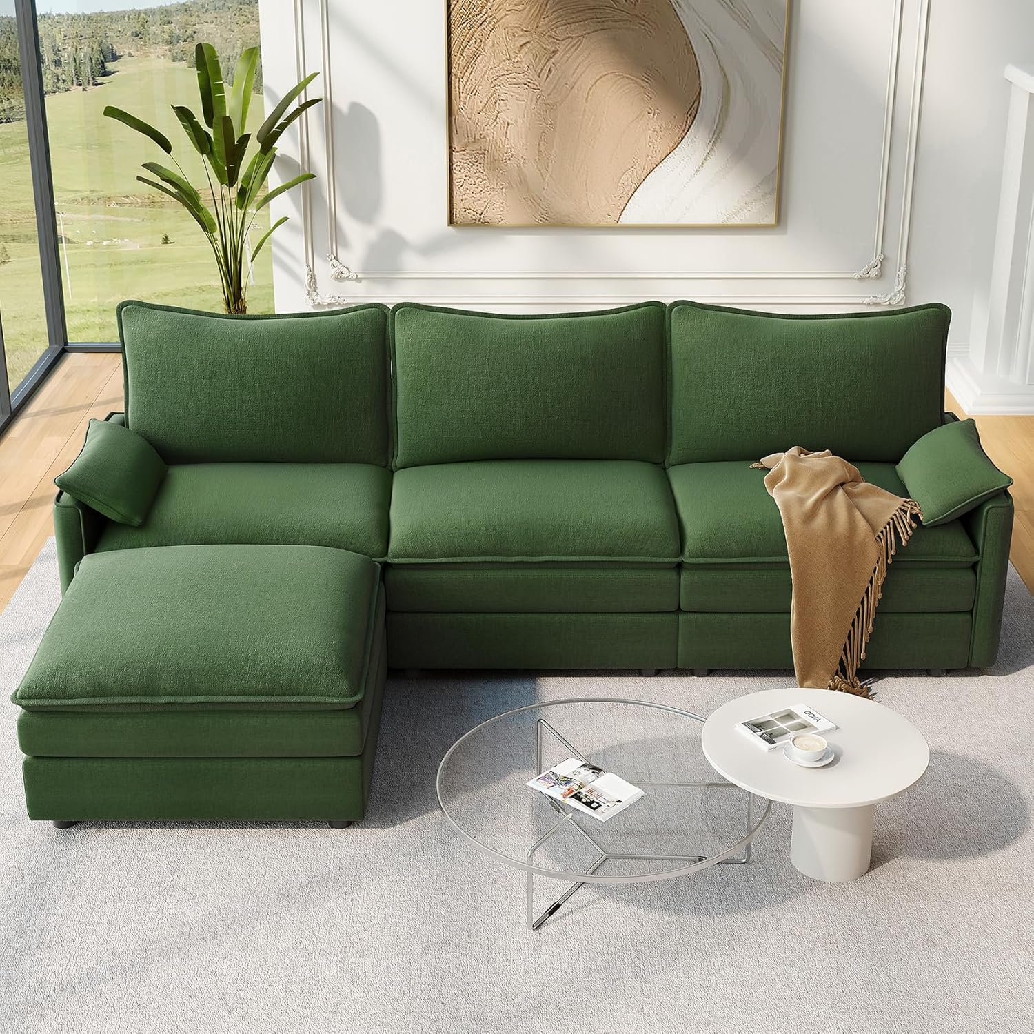 108" Modular Sectional Sofa, Comfy Cloud Couch with Movable Ottoman Deep Seat Chenille L Shaped Modular Sofa, Sectional Couches for Living Room, Bedroom and Apartment, Green
