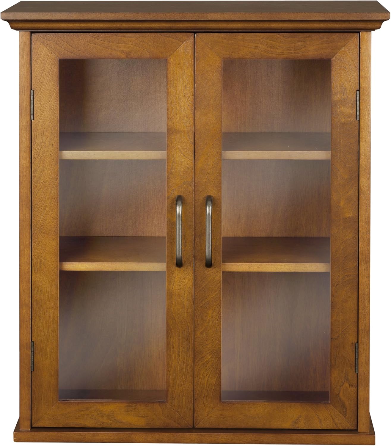 Wooden Over The Toilet Bathroom Removable Wall Medicine Cabinet with 2 Adjustable Shelves 3 Storage Spaces 2 Glass-Paneled Doors and Antique Brass Knobs, Oiled Oak