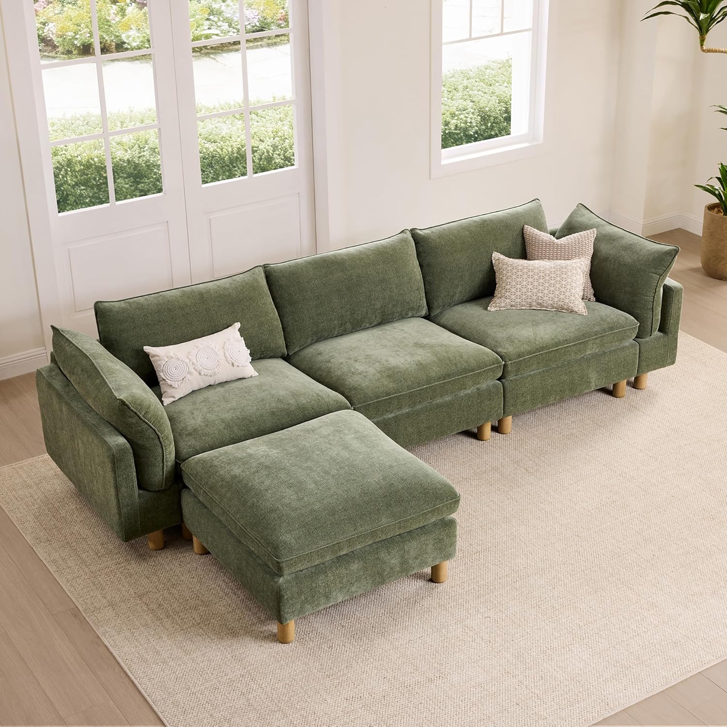 127" Super Large Sectional Couches for Living Room, Modular Cloud Couch Sectional Sofa, Premium Fabric Couches, Down Filled, High Density Foam, Chenille in Green, 4 Seat L Shaped